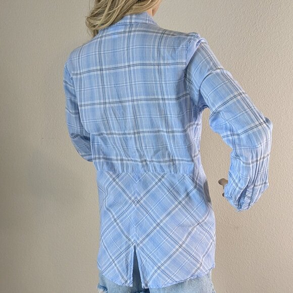 J Jill Top Women's Small Blue Check Plaid Button-Up Cotton Long Sleeve Shirt - Picture 4 of 16